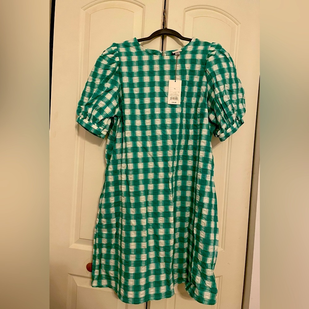 100% cotton green gingham dress with puffy sleeves. New with tags. Size XL